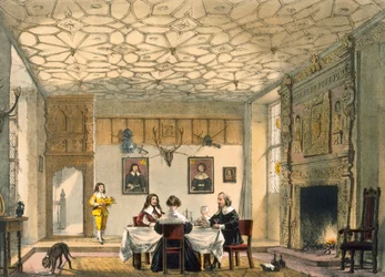 中世の家族の晩餐、ウェイクハーストプレイス、サリー、「中世の建築」から1600年頃、1838年発行